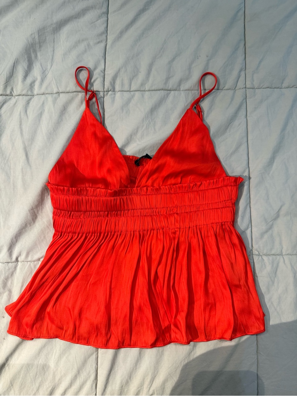 Red Spaghetti-Strap Smocked Waist Women's Top